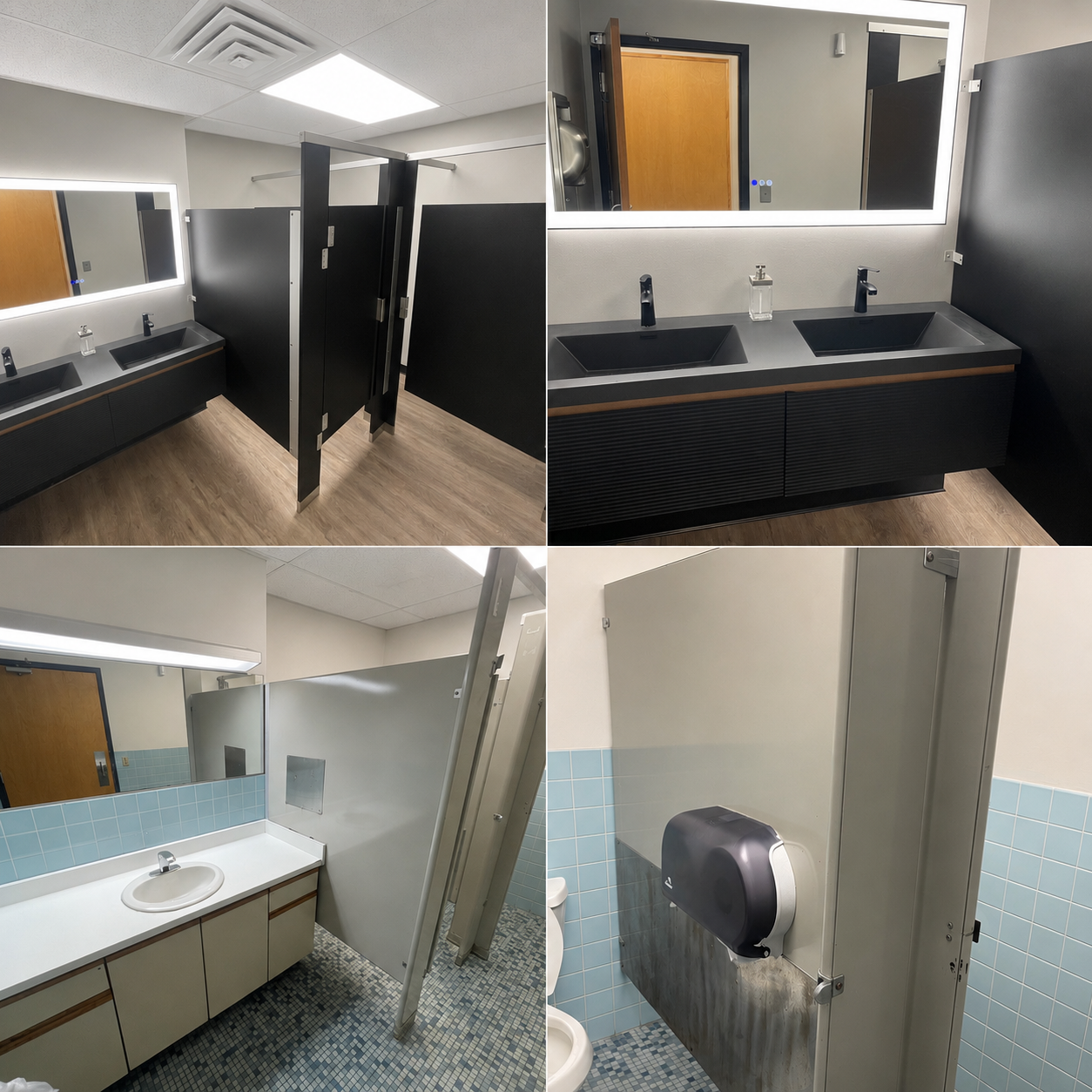 Before-and-after comparison of a commercial restroom at a South Burlington, Vermont fitness facility — dated tile and laminate replaced with dark stall partitions, a floating black vanity, dual matte-black sinks, a backlit LED mirror and wood-look LVT flooring.