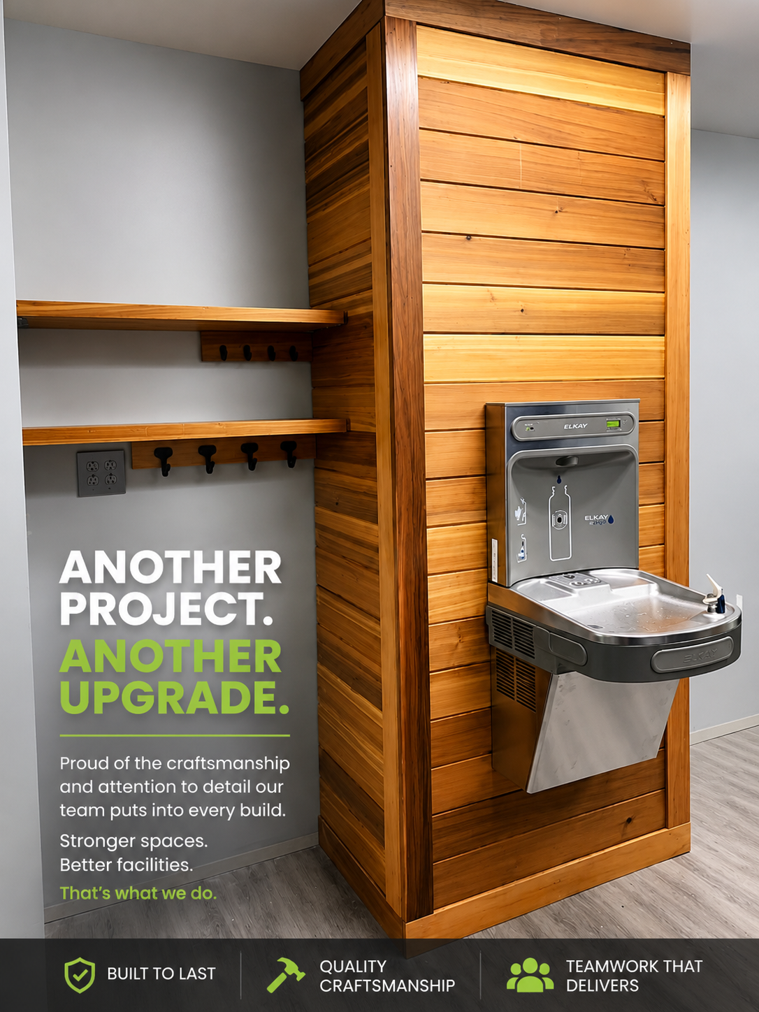 Cedar shiplap hydration alcove with floating shelves, hooks and a stainless steel bottle-filling water fountain at a South Burlington, Vermont fitness facility.
